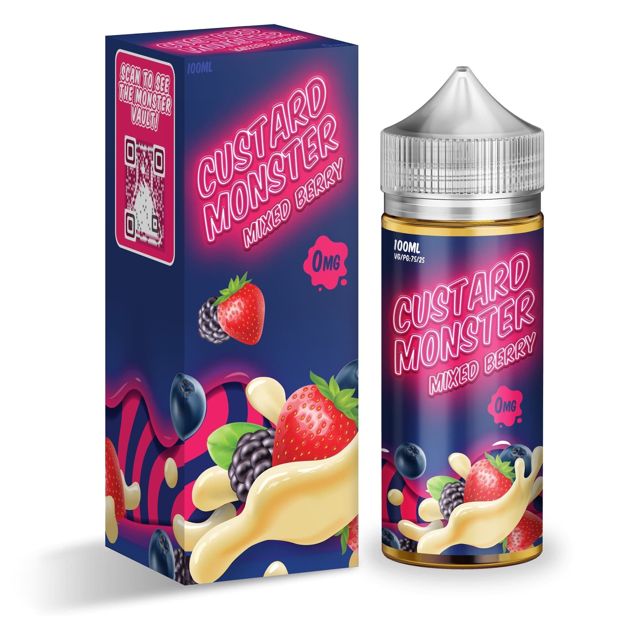 Mixed Berry Custard Monster e-liquid bottle, 100mL, featuring vibrant berries and creamy custard flavor.