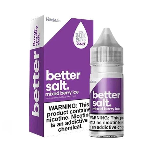 Vapetasia Mixed Berry ICE Salt e-liquid bottle with colorful label, 30mL size, featuring mixed berries and icy flavor imagery.