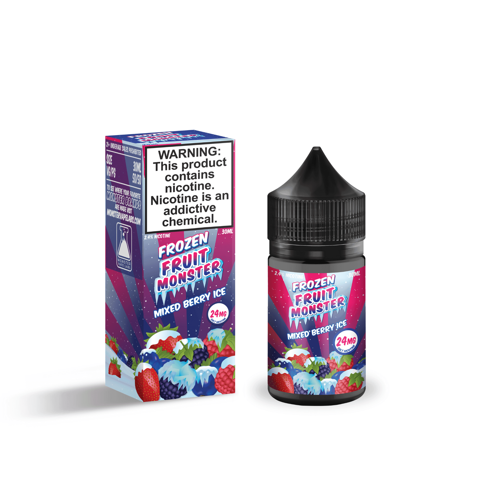 Mixed Berry ICE SALT e-liquid by Fruit Monster in a 30mL bottle, featuring a frozen mixed berry flavor with icy menthol notes.