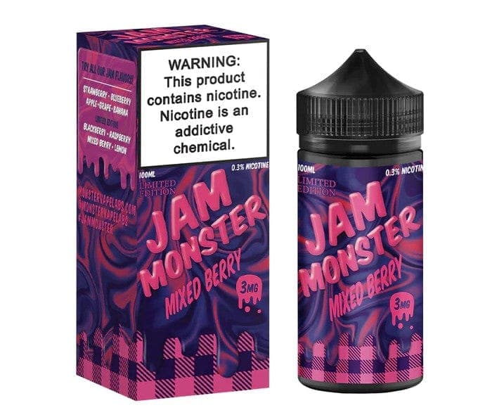 Mixed Berry e-liquid by Jam Monster E-Liquid in a 100mL bottle, featuring a colorful label with berries and flavor details.