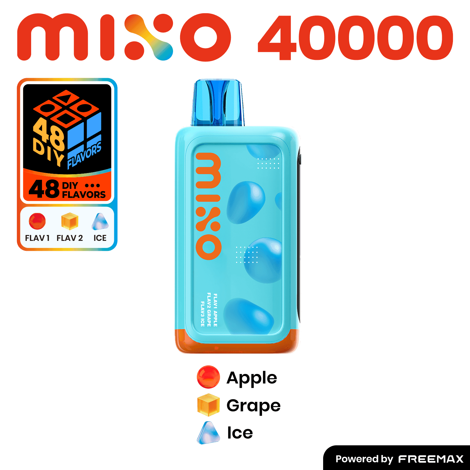 MIXO 40K by Freemax disposable vape with three flavored options, featuring sleek design and compact size.