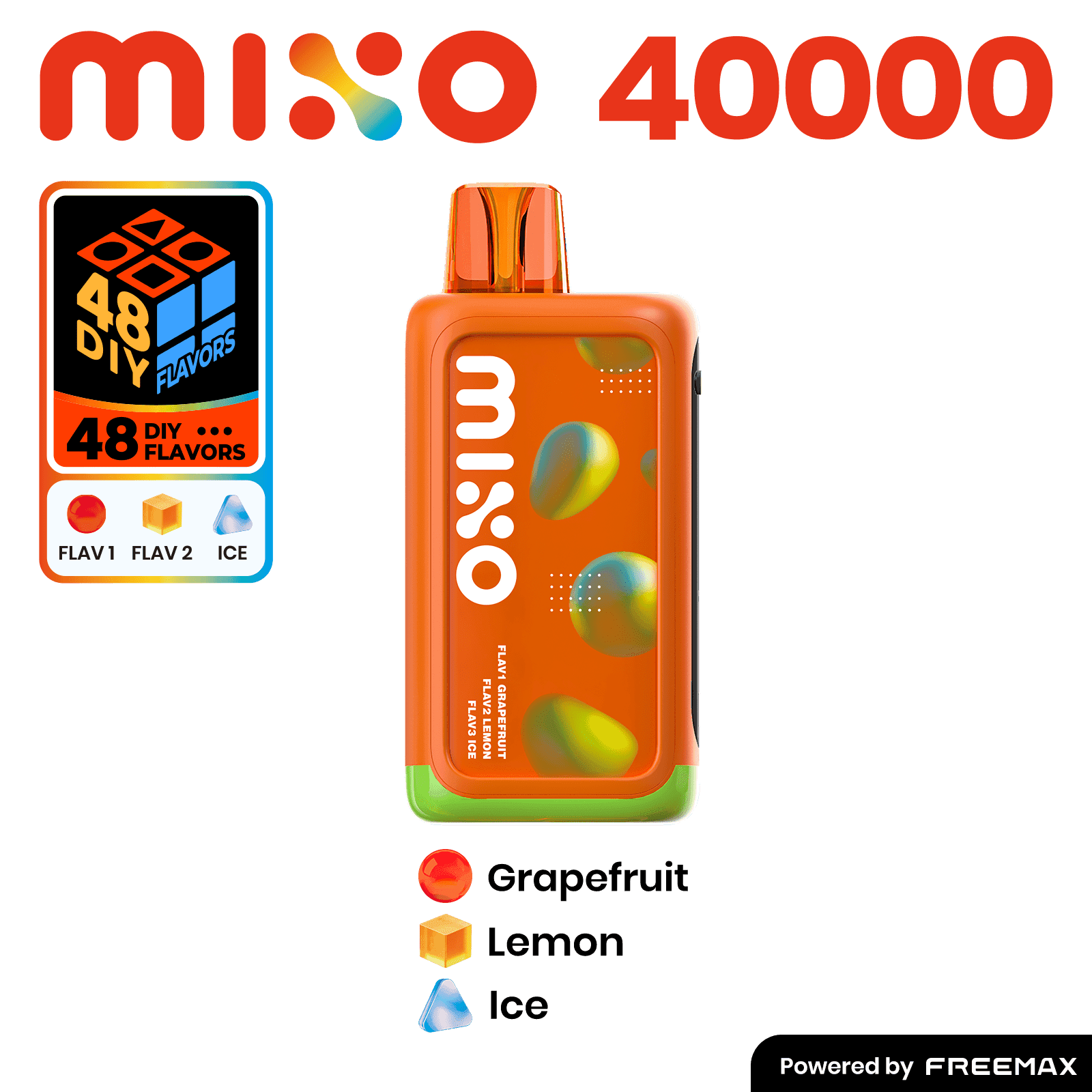 MIXO 40K disposable vape by Freemax with three flavored e-liquids, compact design, and sleek appearance.