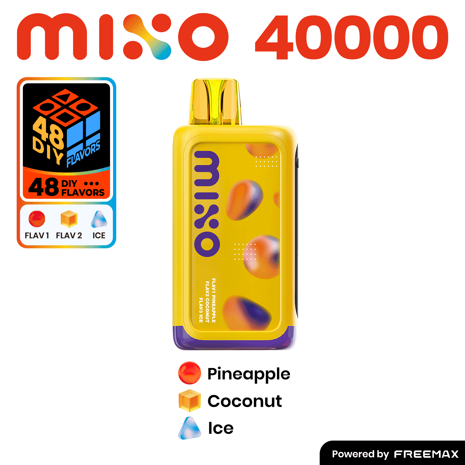 MIXO 40K disposable vape by Freemax featuring three flavored e-liquids in sleek, portable design with colorful branding.