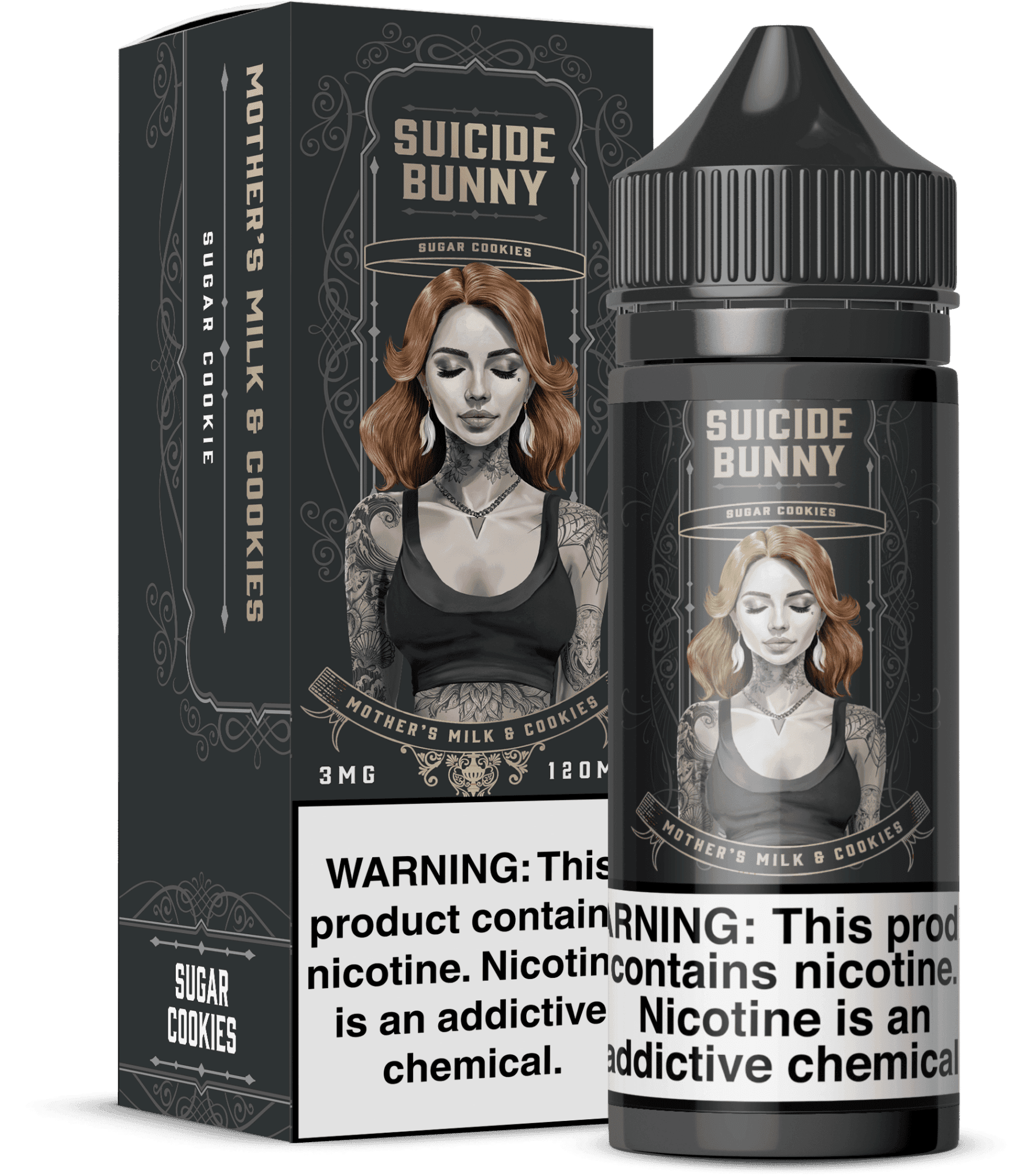 Mother's Milk & Cookies Suicide Bunny eLiquid bottle, 120mL vape juice with creamy milk and cookie flavor in a clear bottle.