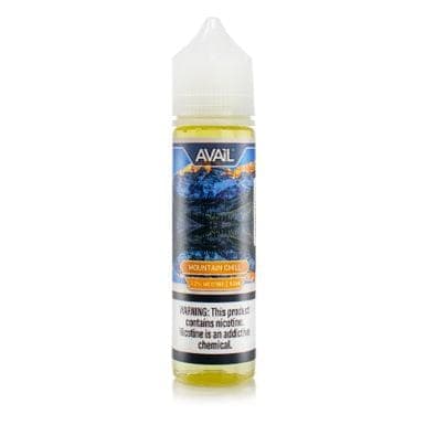 Bottle of Mountain Chill AVAIL Vapor e-liquid in 60mL size, featuring a colorful label and vapor branding on the packaging.