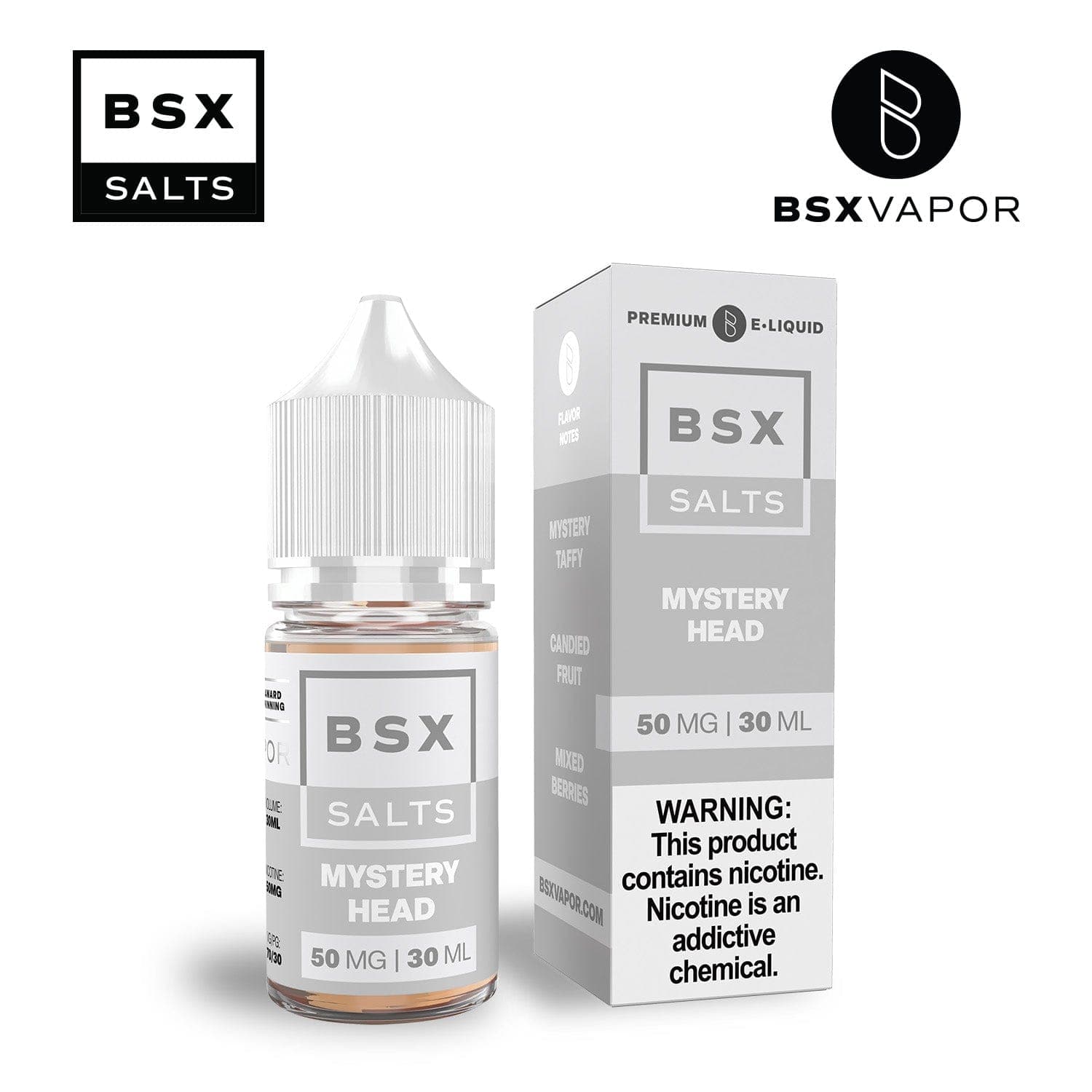 Bottle of BSX Vapor Mystery Head SALT e-liquid in a 30mL bottle, with colorful label and dropper cap.
