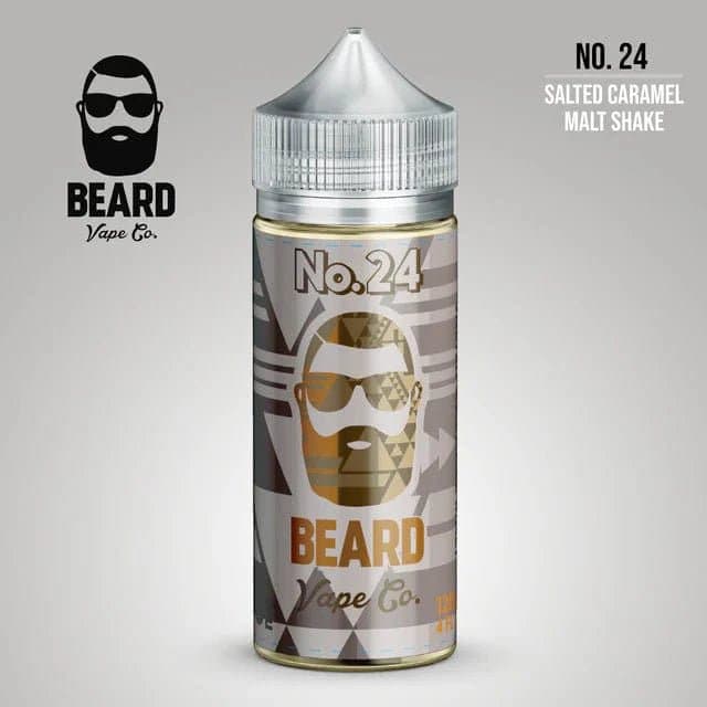 Beard Vape Co No. 24 Salted Caramel Malt Shake E-liquid bottle, 120mL, featuring caramel and malt flavor notes.