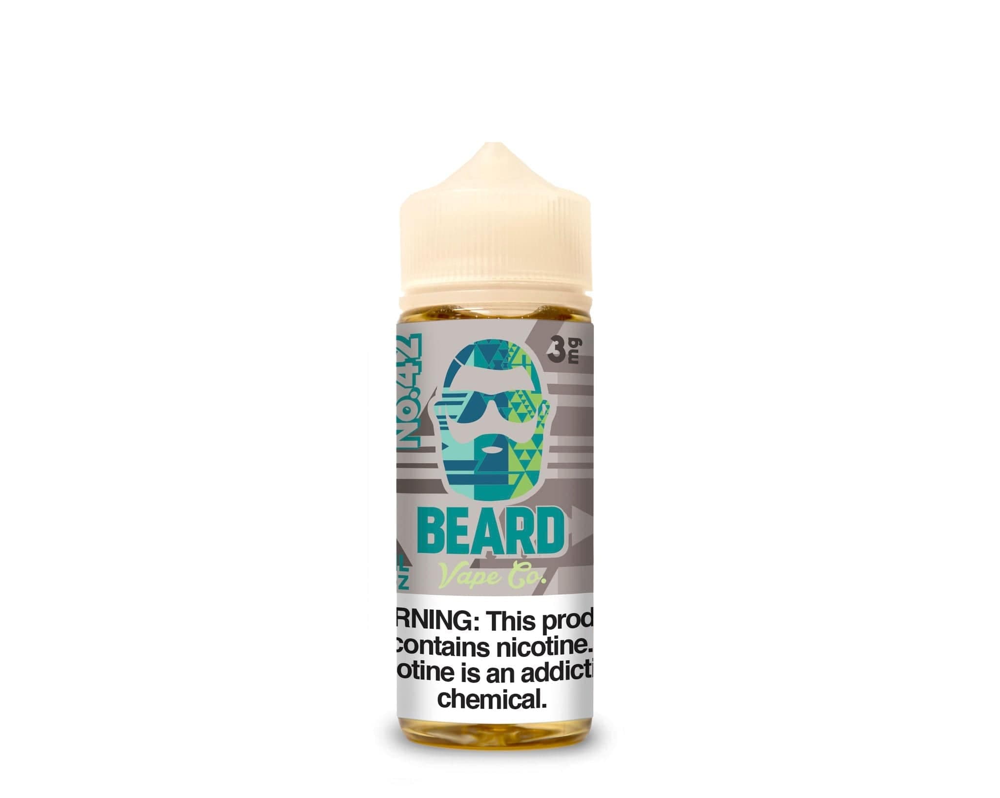 Bottle of Beard Vape Co No. 42 Fruit Cup e-liquid with colorful label, 120mL size, featuring vibrant fruit graphics.