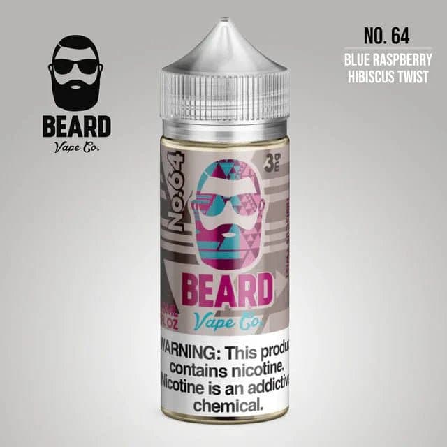 Beard Vape Co No. 64 Blue Raspberry Hibiscus e-liquid bottle, 120mL with colorful label featuring blue raspberry and hibiscus imagery.