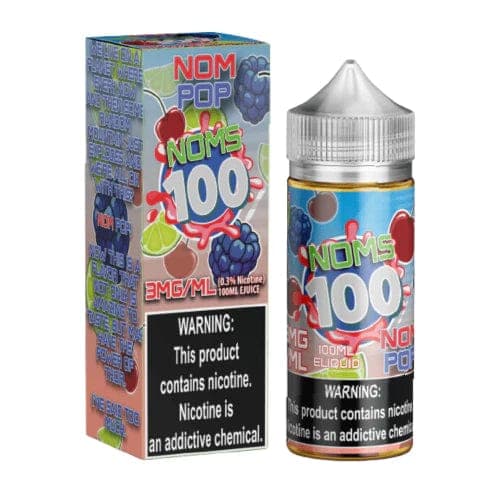 Nomenon E-Liquids Nom Pop NOMS 100 e-liquid bottle, 100mL, with colorful label and cap, used for vaping.