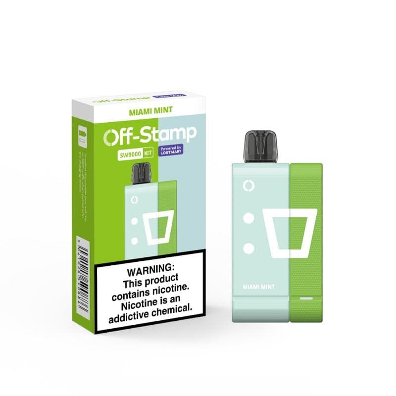 Lost Mary Off-Stamp SW9000 disposable full kit with 5% nicotine, featuring sleek design and compact size for easy use.