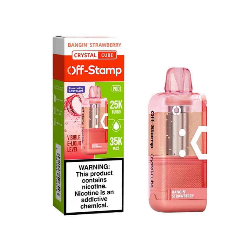 Bangin' Strawberry Off-Stamp X-Cube Crystal 35K Disposable Pod next to its packaging.