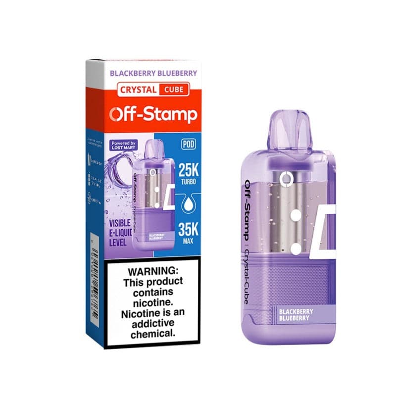 Blackberry Blueberry Off-Stamp X-Cube Crystal 35K Disposable Pod next to its packaging.