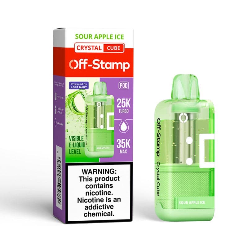 Sour Apple ICE Off-Stamp X-Cube Crystal 35K Disposable Pod next to its packaging.