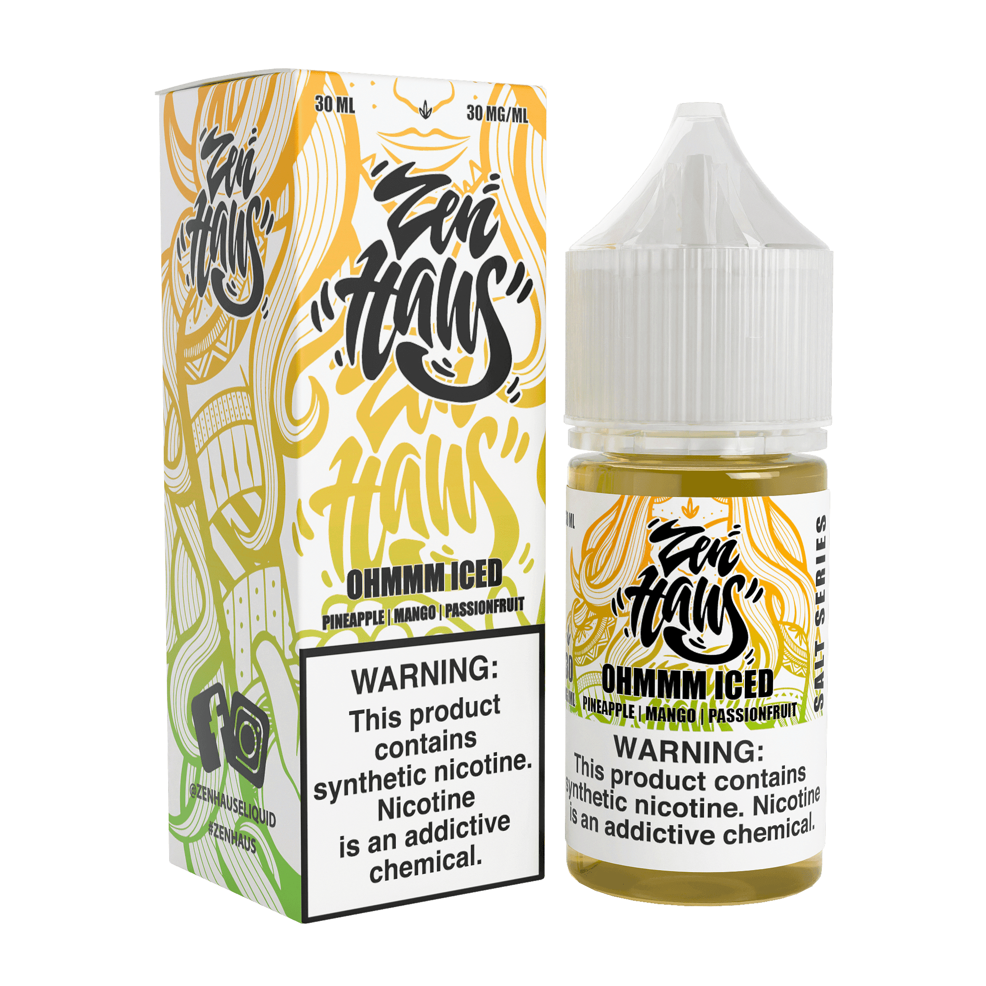 Zen Haus Ohmmm ICED SALT nicotine salt bottle, 30mL container with 30mg nicotine, featuring a sleek label design.