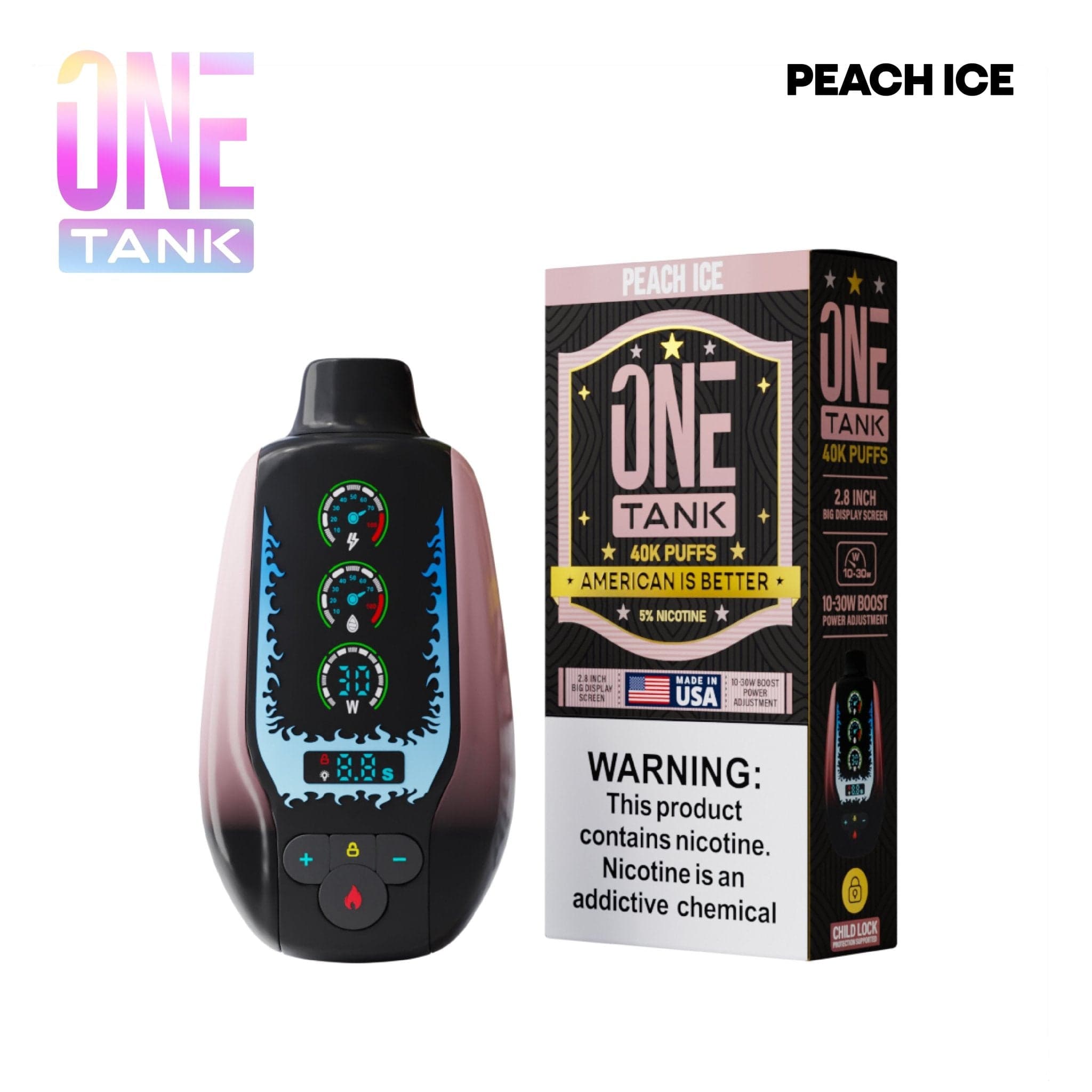 One Tank 40K Disposable Vape in sleek design, featuring a compact, portable vape device with a mouthpiece and colorful branding.
