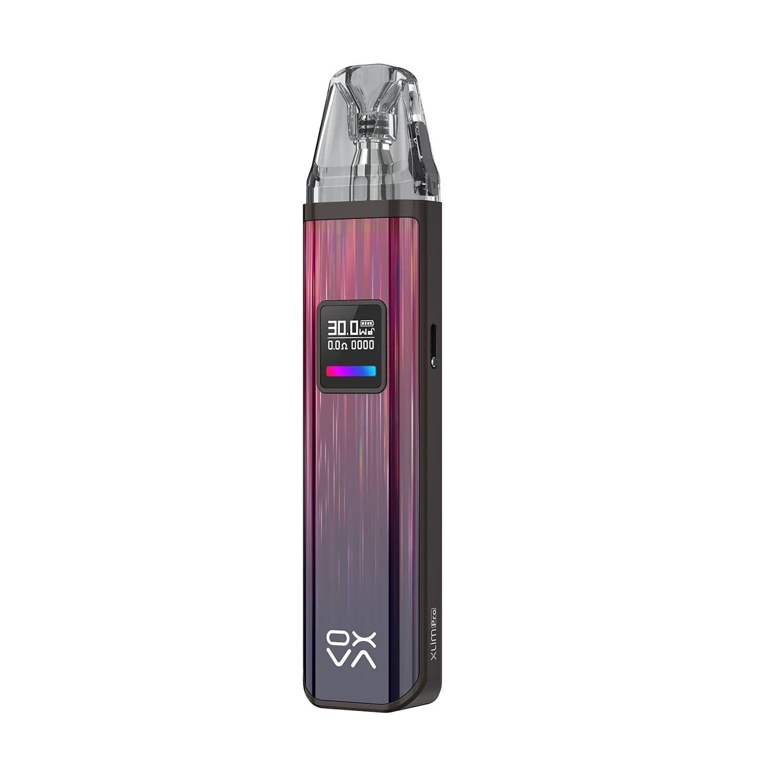 OXVA XLIM Pro 30W Pod System hardware with sleek design and compact size, featuring pod and mouthpiece for vaping.