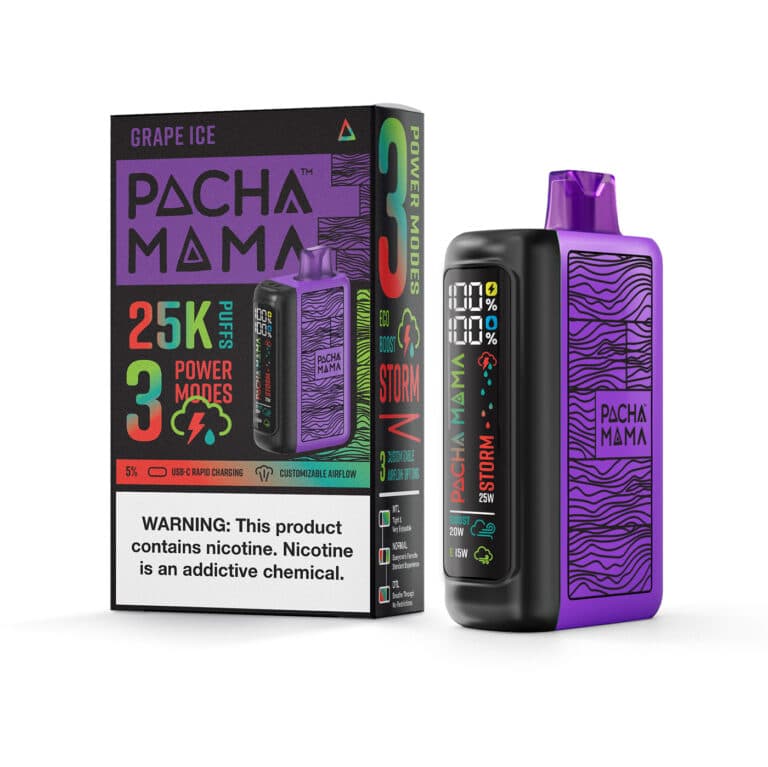 Pacha Mama GrapeIce 25K disposable vape with purple and black design, showcasing the vape device with vibrant grape and mint flavor graphics.