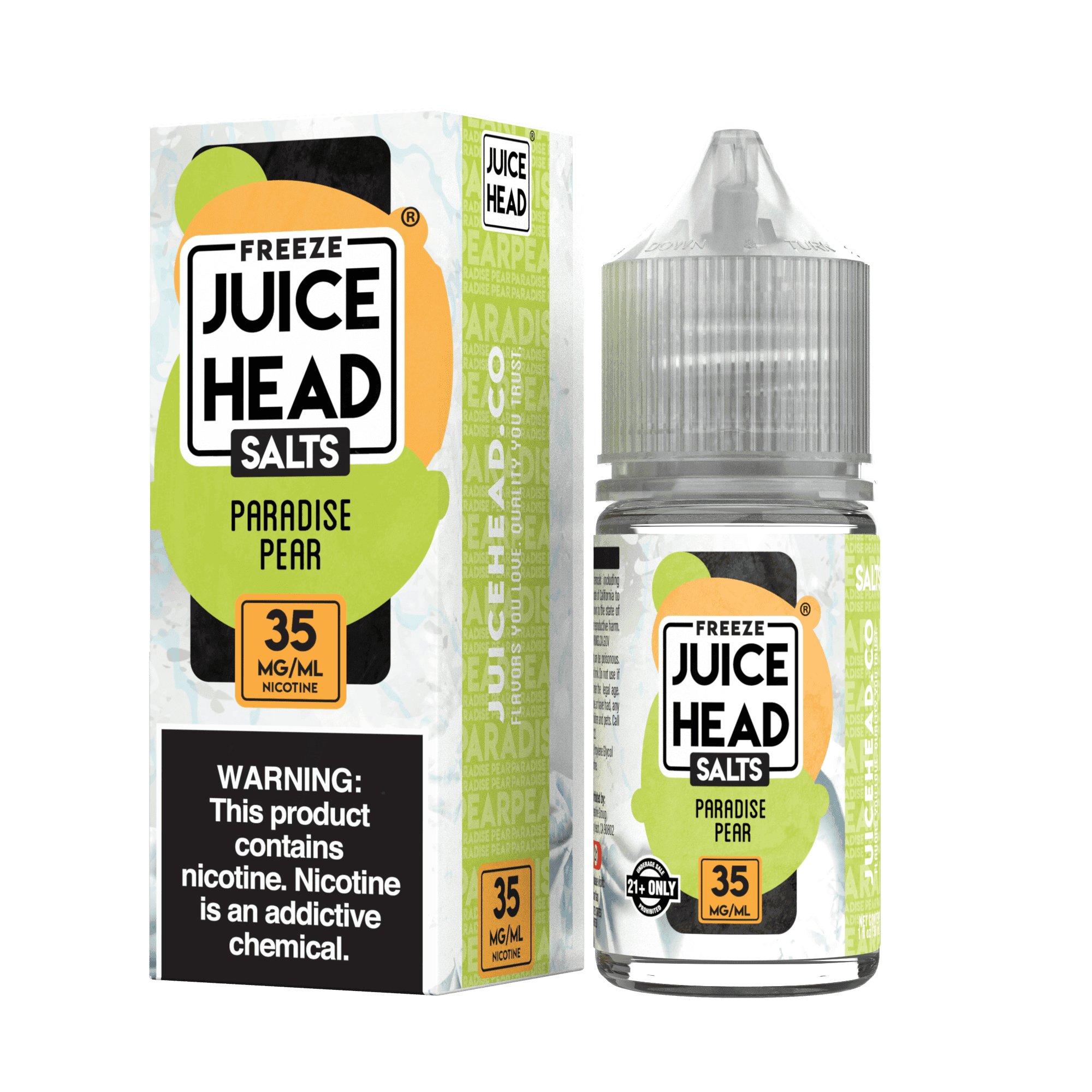 Juice Head Paradise Pear Freeze salt e-liquid in 30mL bottle with pear and icy menthol flavor for vaping.