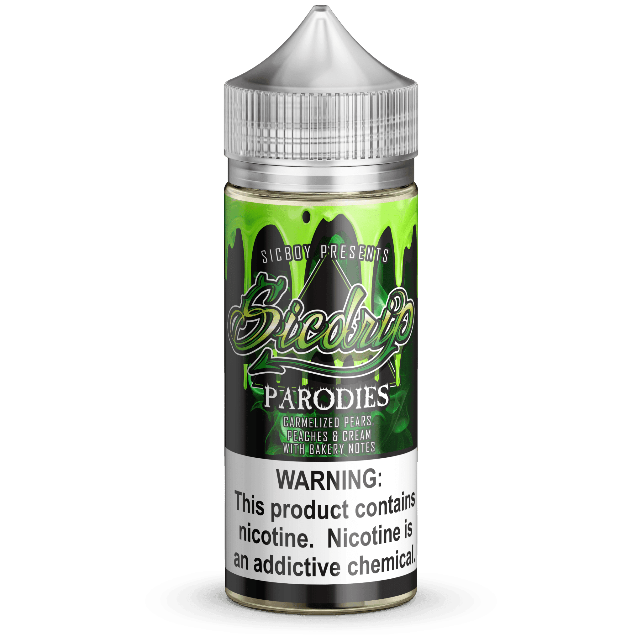 Sicboy Parodies 100mL e-liquid bottle featuring colorful label design and flavor branding, suitable for vaping.