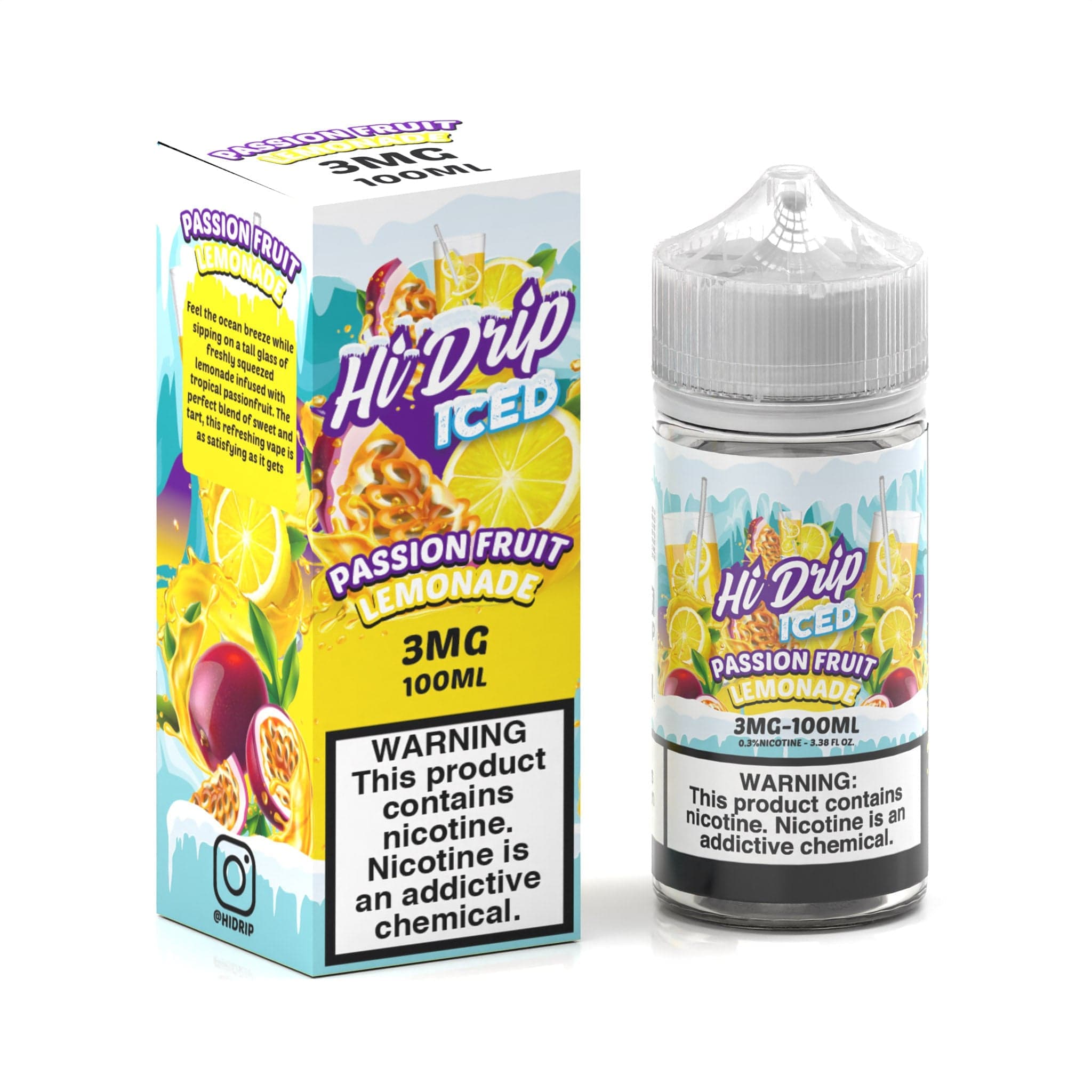 Iced passion fruit lemonade e-liquid by Hi Drip in a 100mL bottle, featuring a vibrant passion fruit and lemon flavor profile.