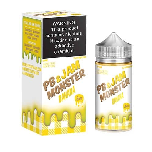 Jam Monster PB and Banana E-liquid bottle, 100ml, with label featuring peanut butter and banana flavor illustration.