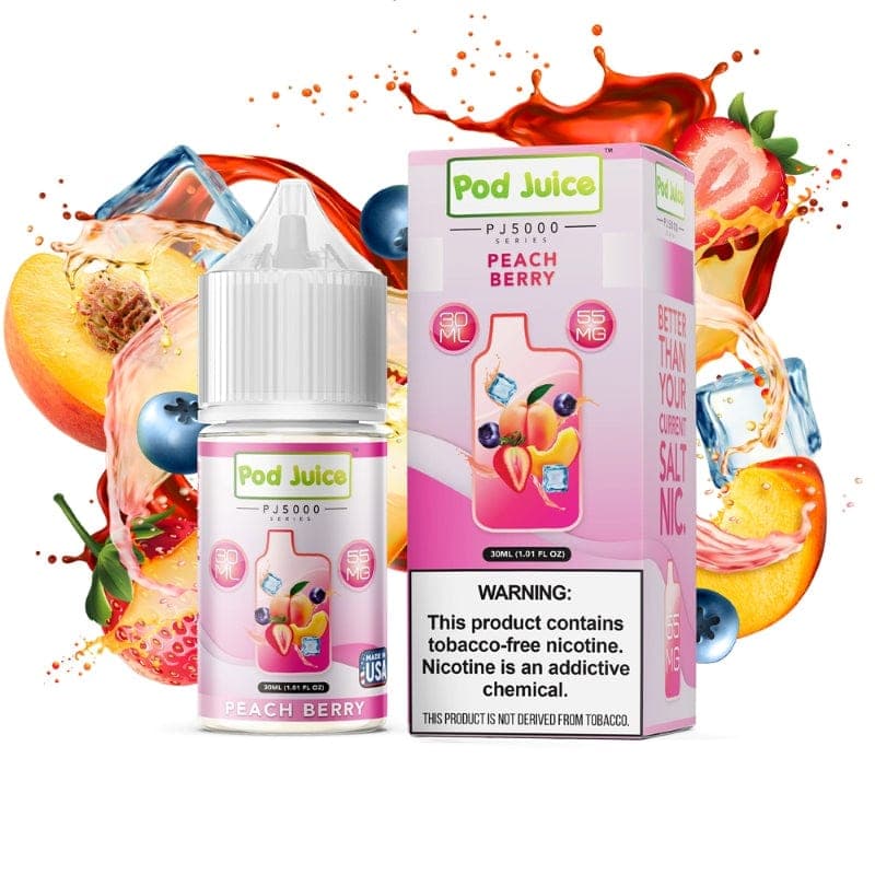 Peach Berry Salt E-liquid by Pod Juice, 30mL bottle featuring a peach and berry flavor for vaping.