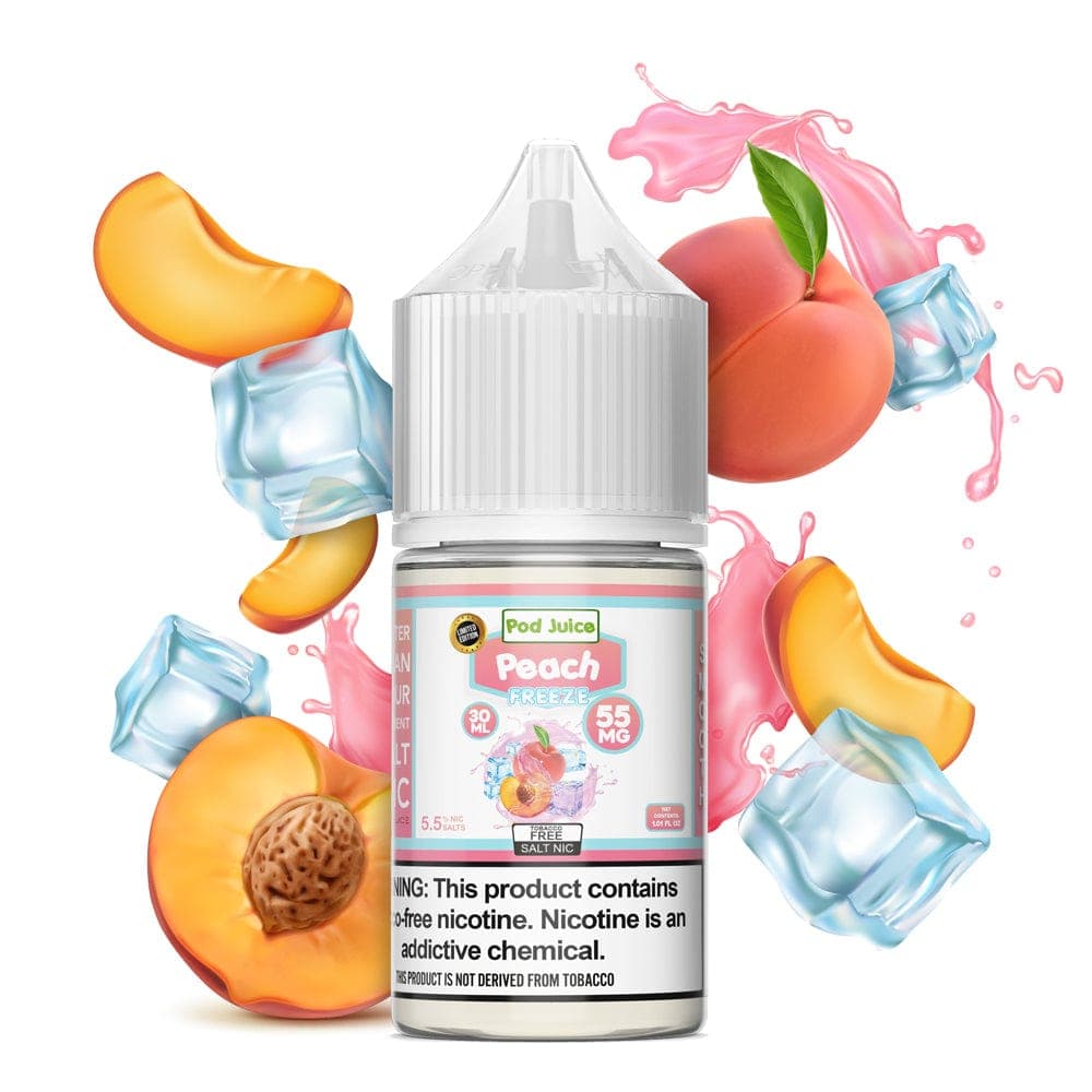 Peach Freeze Salt e-liquid by Pod Juice in a 30mL bottle, featuring peach and icy menthol flavor for vaping.