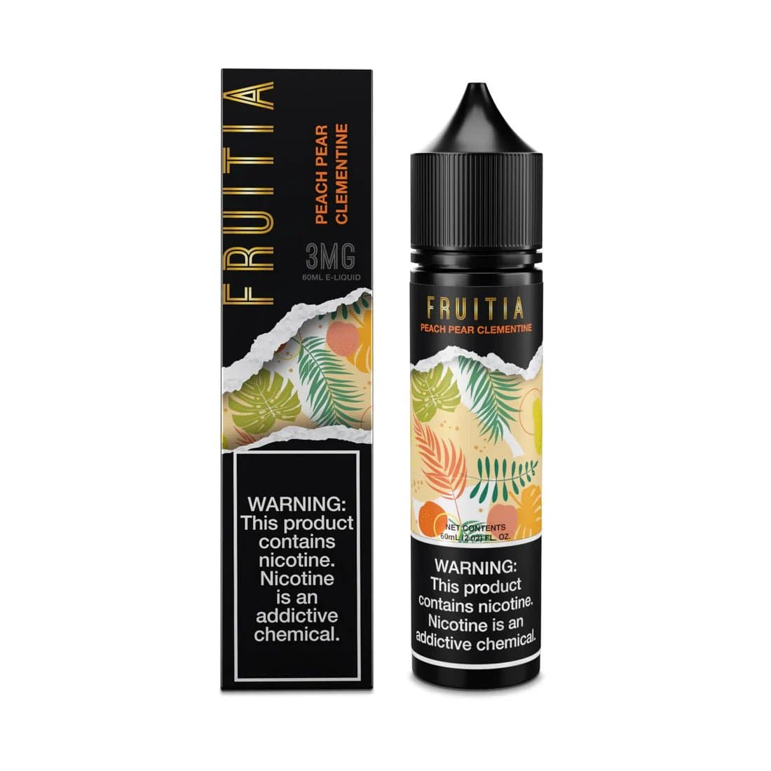 Fruitia Peach Pear Clementine e-liquid bottle, 60mL with vibrant label featuring peaches, pears, and clementines.