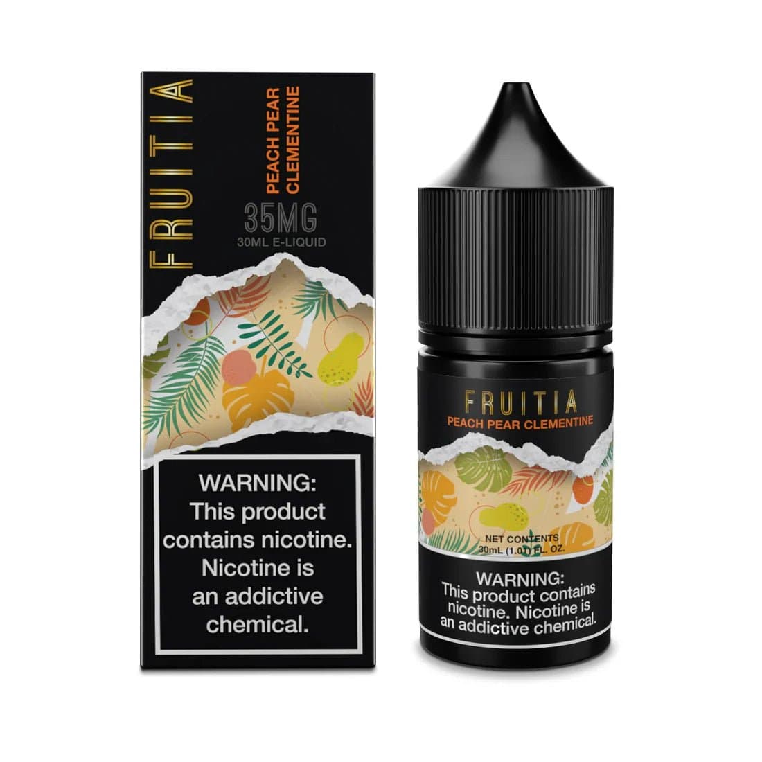 Fruitia Peach Pear Clementine Salt e-liquid in 30mL bottle, featuring a fruity blend of peach, pear, and clementine flavors.