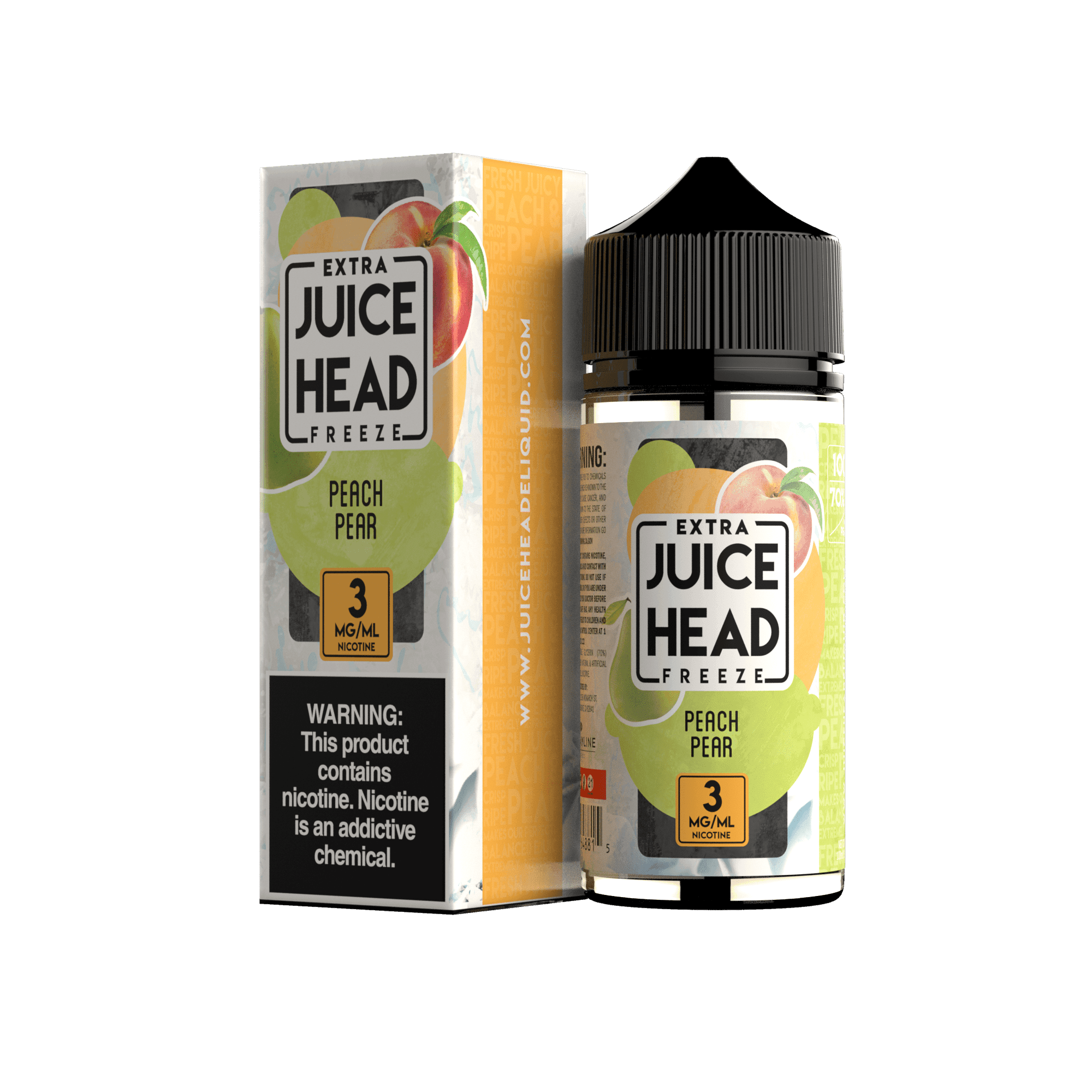 Juice Head Peach Pear Freeze e-liquid bottle, 100mL flavor with peach and pear notes, featuring vibrant fruit illustrations.