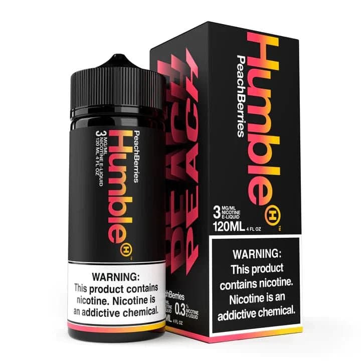 Bottle of Peach Pleasure Peach Berries e-liquid by Humble Juice Co. in a 120mL bottle with vibrant peach and berry flavor imagery.