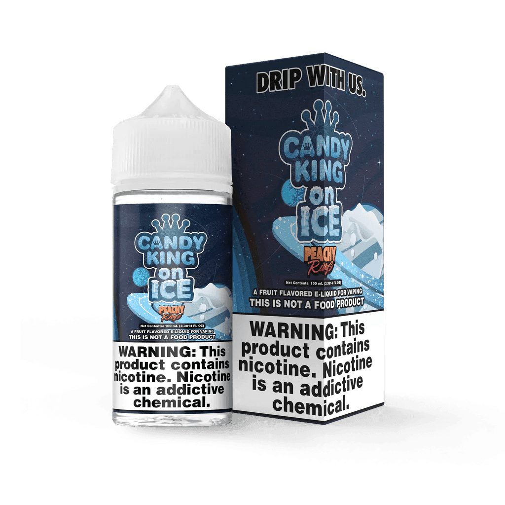 Peachy Rings on ICE e-liquid by Candy King, 100mL bottle with vibrant peach and icy menthol flavor design.