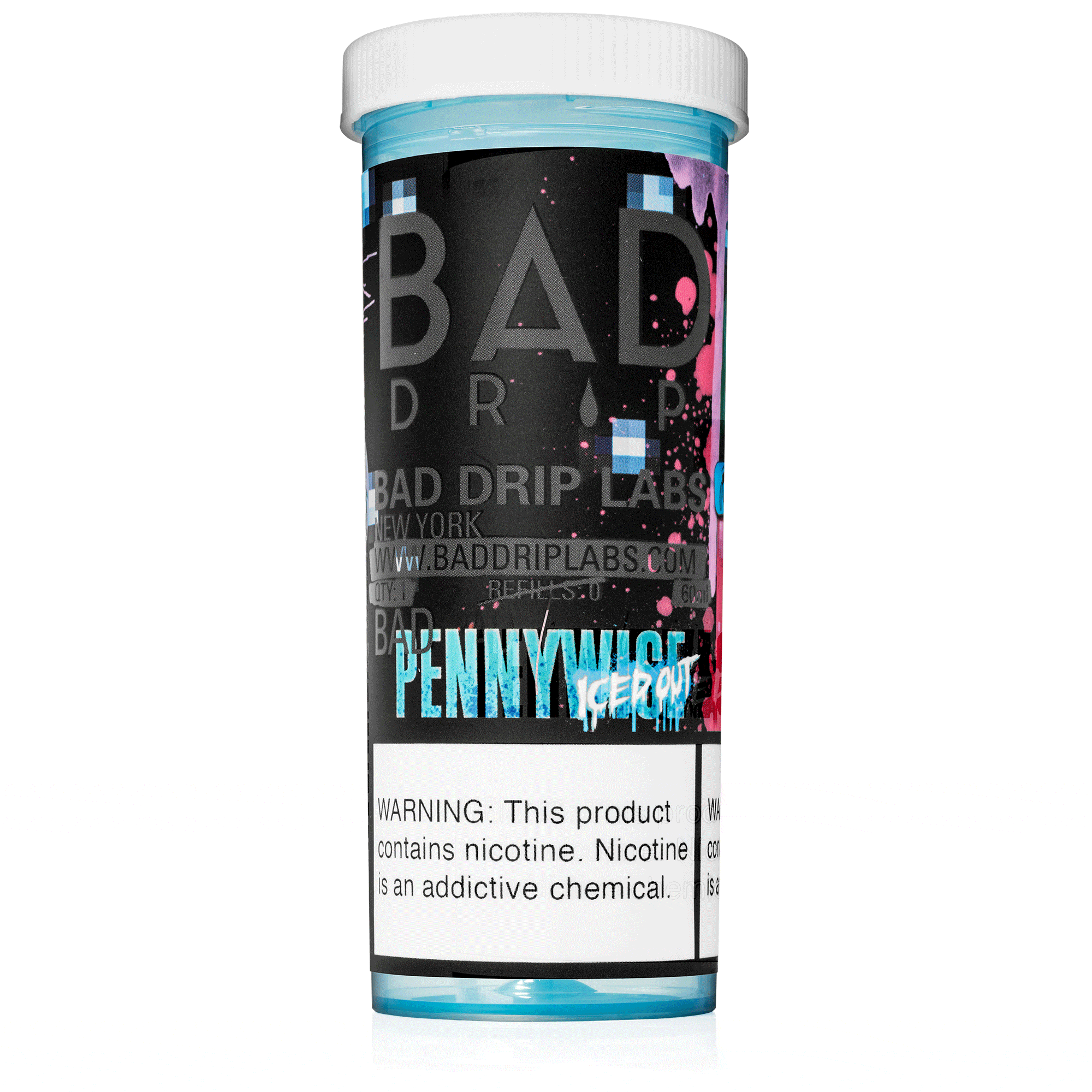 Pennywise ICED OUT e-liquid by Bad Drip Labs, 60mL bottle with colorful Pennywise clown design and icy menthol flavor branding.