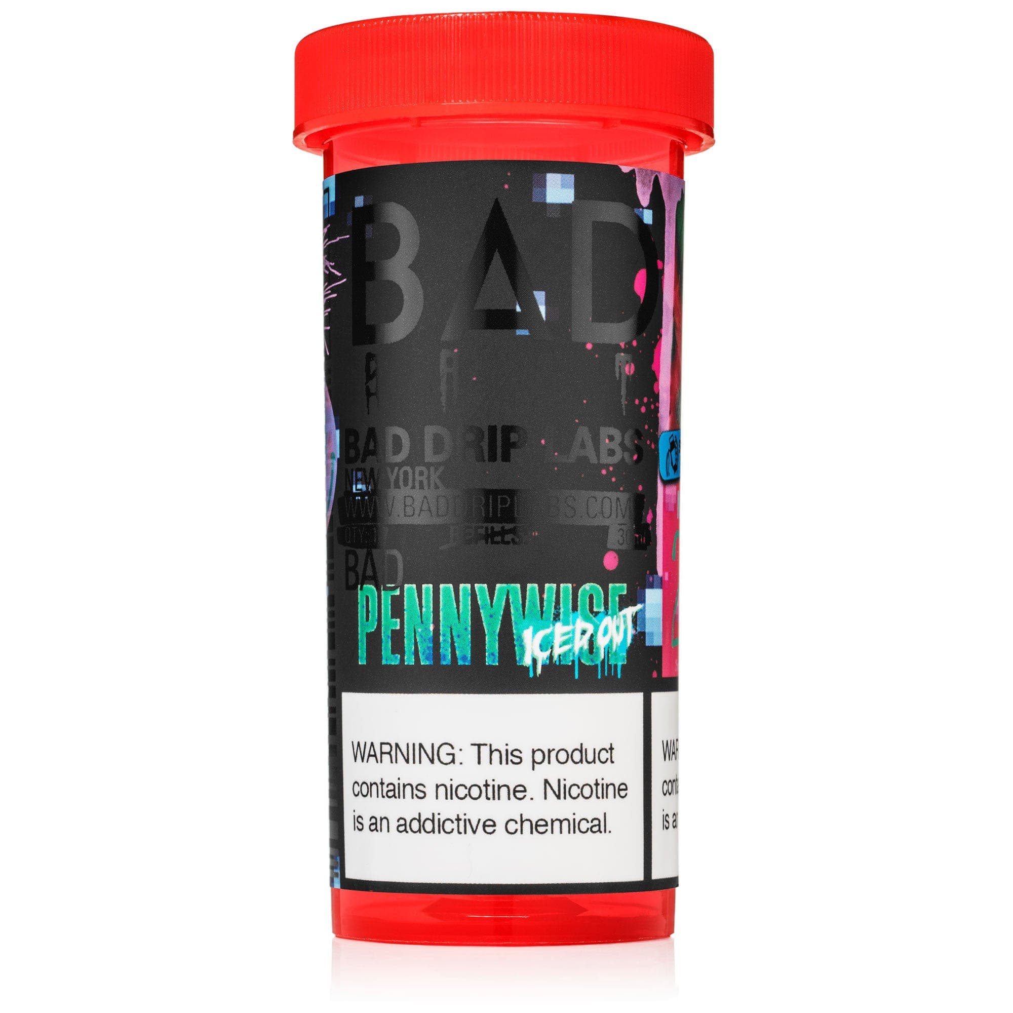 Pennywise ICED OUT SALT e-liquid by Bad Drip Labs in a 30mL bottle, featuring vibrant branding and flavor details.