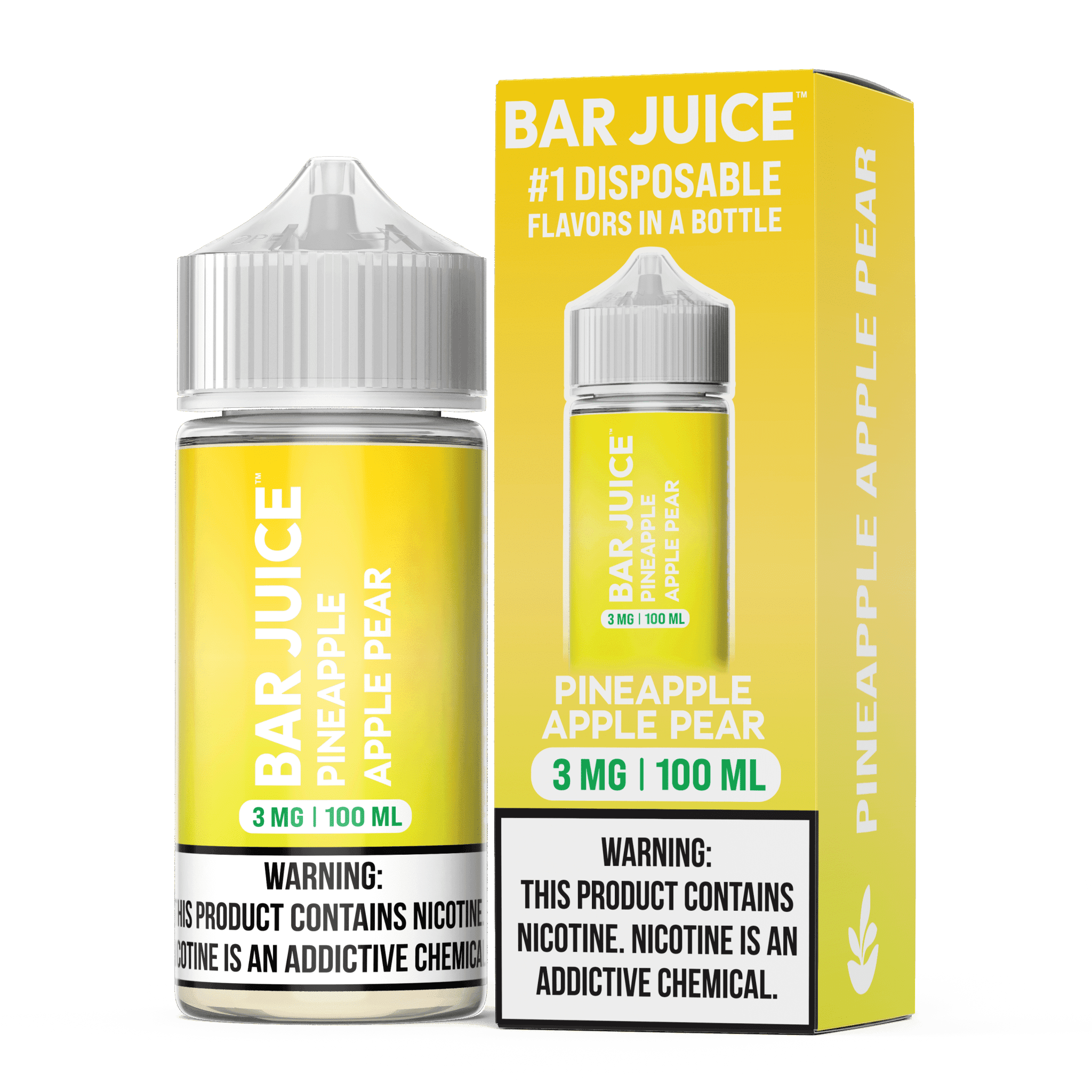 Pineapple, apple, and pear flavored Bar Juice e-liquid in a 100mL bottle with vibrant fruit illustrations.