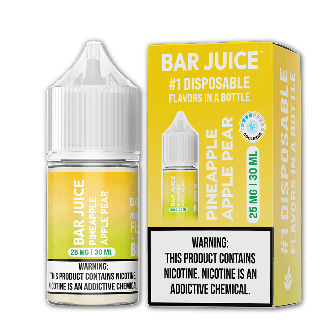 Pineapple, apple, and pear flavored salt nicotine e-liquid by Bar Juice in a 30mL bottle with colorful label design.