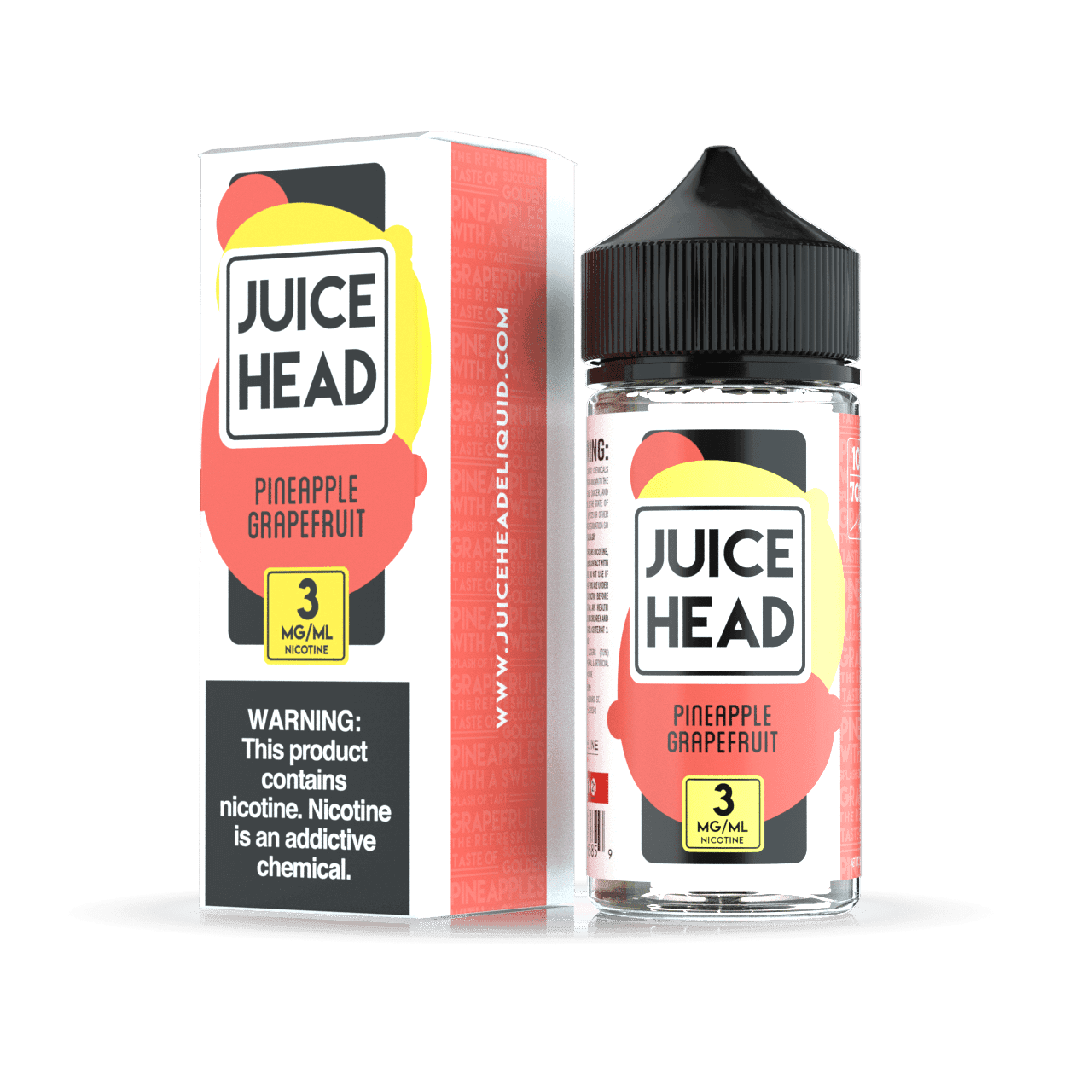 Pineapple and grapefruit flavored Juice Head e-liquid bottle, 100mL, with vibrant pineapple and grapefruit illustrations on the label.