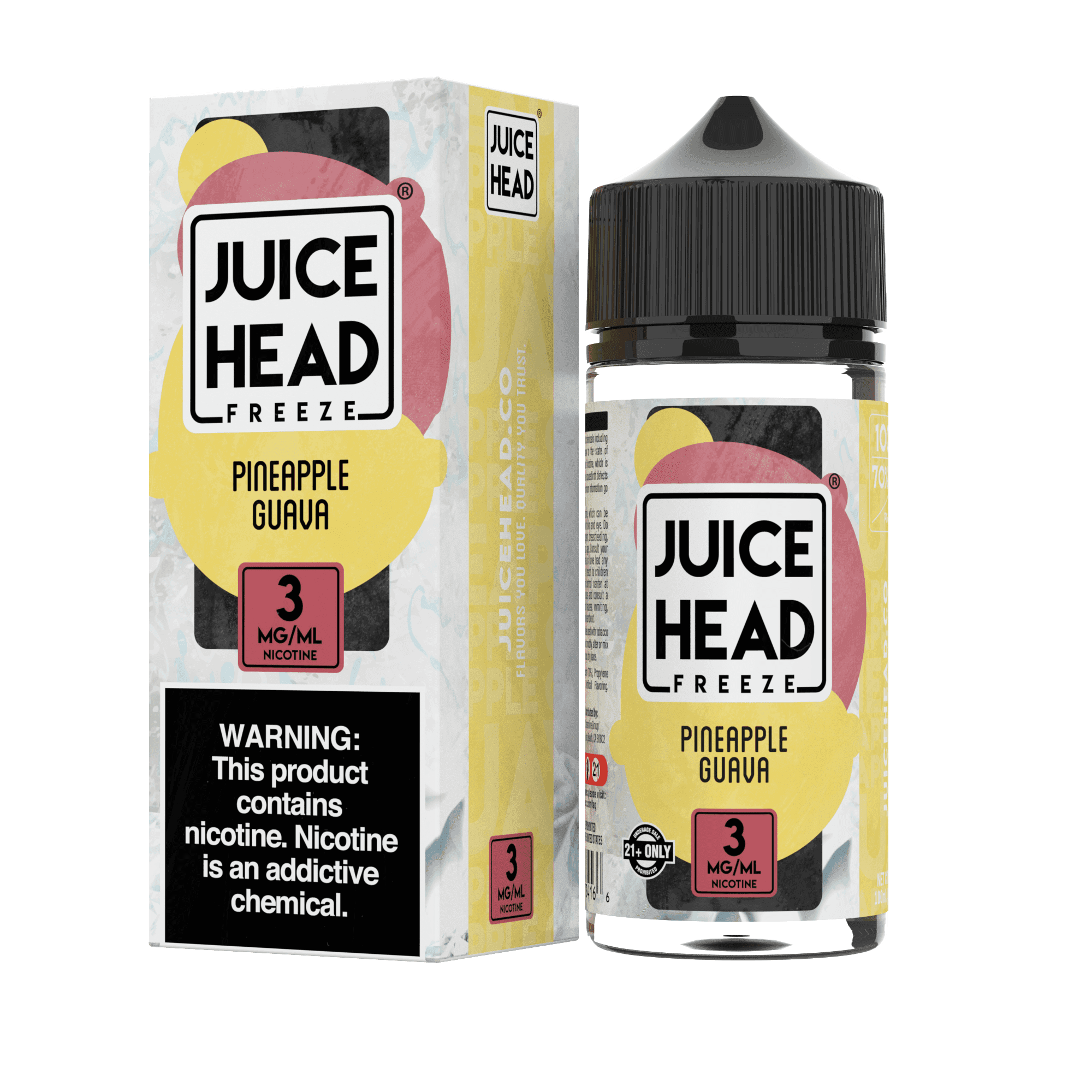 Juice Head Pineapple Guava Freeze e-liquid bottle, 100mL with vibrant pineapple and guava flavor label.
