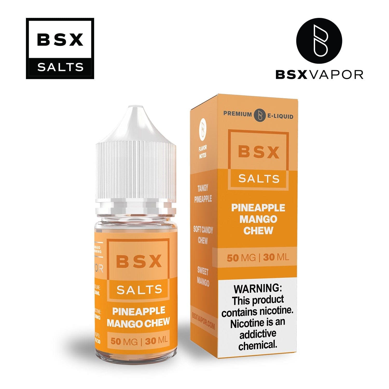 Pineapple Mango Chew Salt e-liquid by BSX Vapor in 30mL bottle, tropical fruit blend with vibrant pineapple and mango flavors