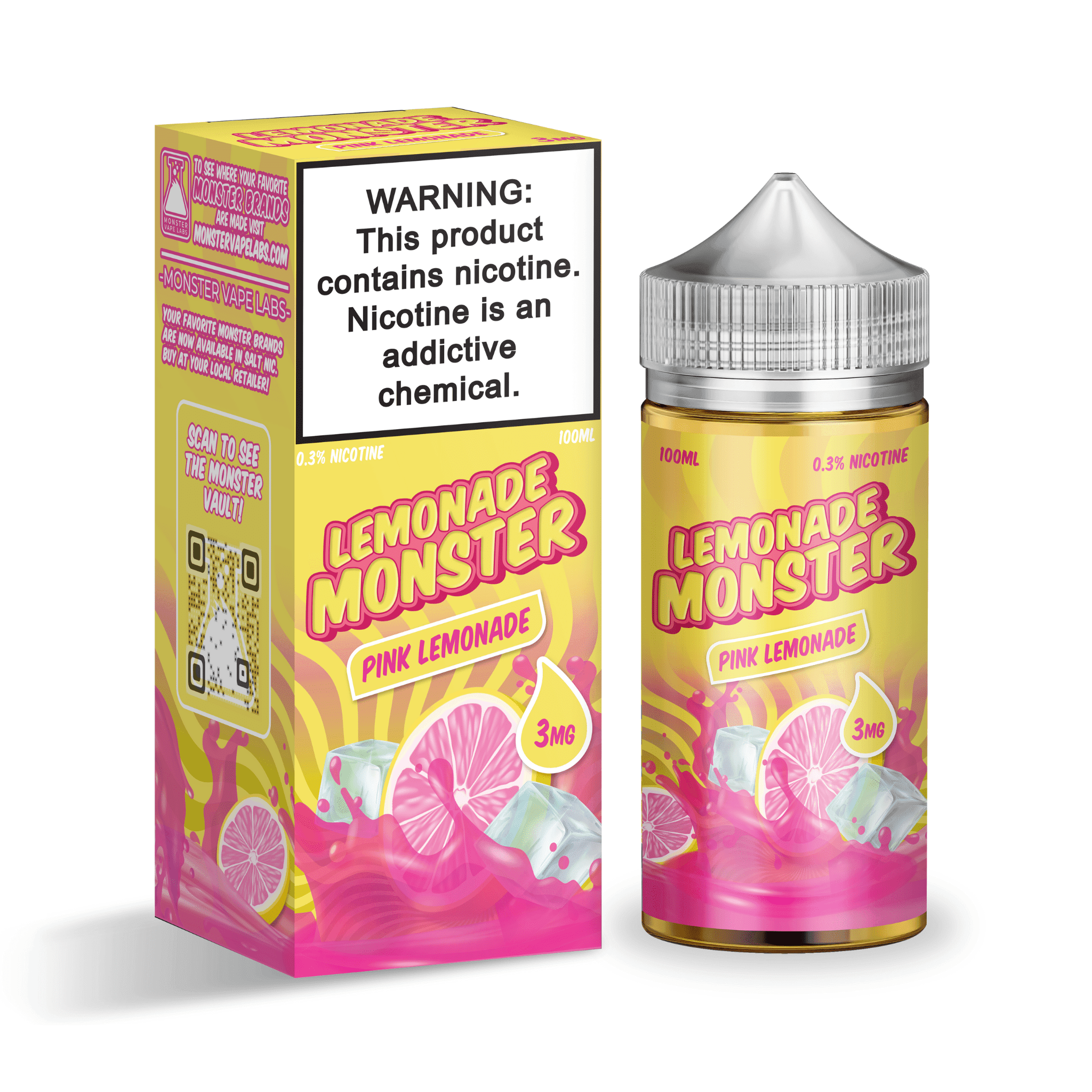 Pink Lemonade flavored Lemonade Monster e-liquid in a 100mL bottle, featuring vibrant pink liquid and branding.