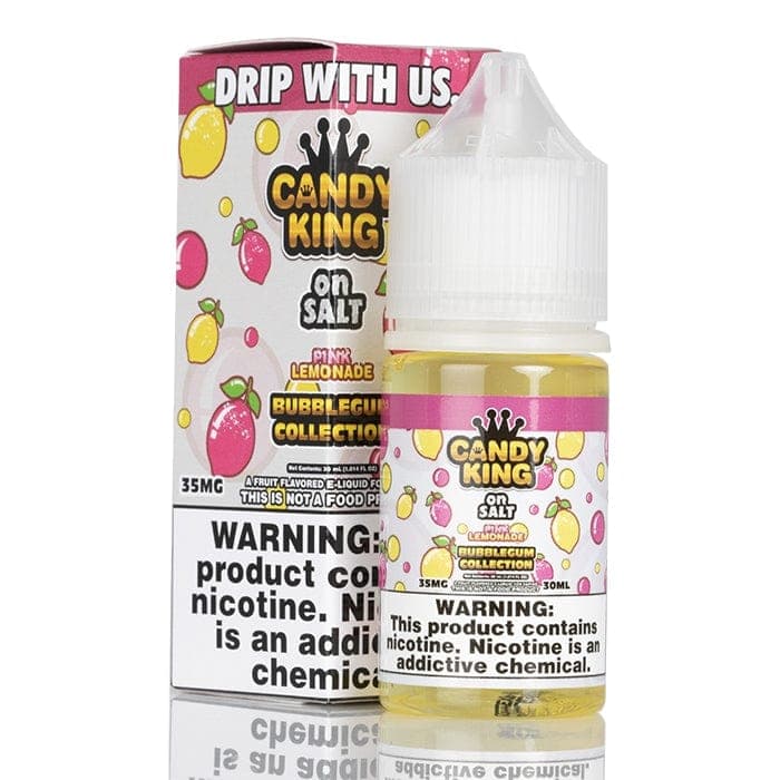 Pink Lemonade SALT e-liquid from Candy King's Bubblegum Series, 30mL bottle with pink lemonade flavor and bubblegum notes.
