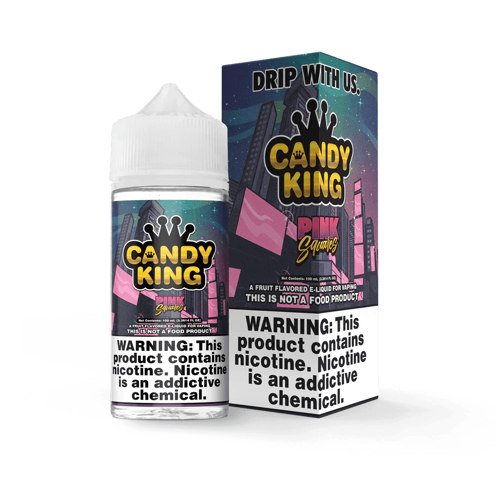 Pink Squares Candy King 100mL e-liquid bottle with vibrant pink and white packaging, showcasing the colorful candy-themed design.