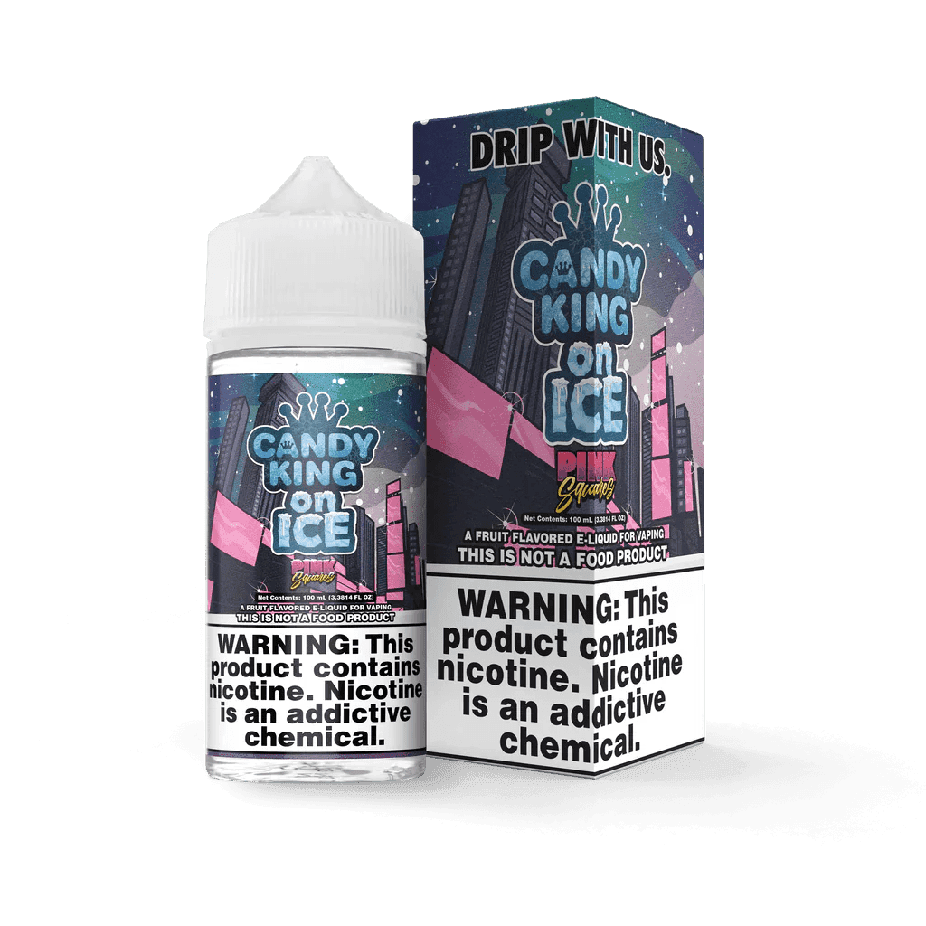 Pink squares on Candy King on ICE e-liquid bottle, 100mL, featuring bright pink design with icy, cool branding elements.