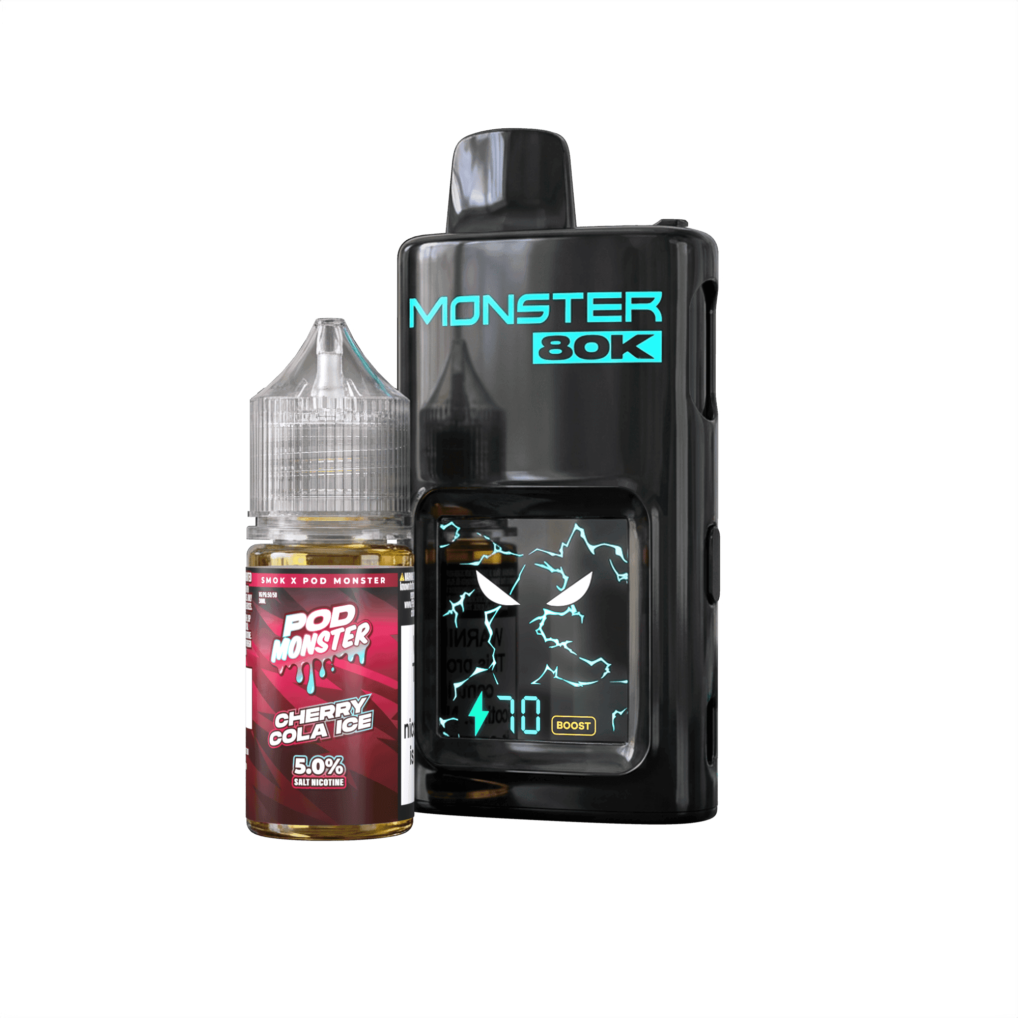 Pod Monster X Smok 80K refillable disposable vape device with sleek design and clear branding, ready for use.