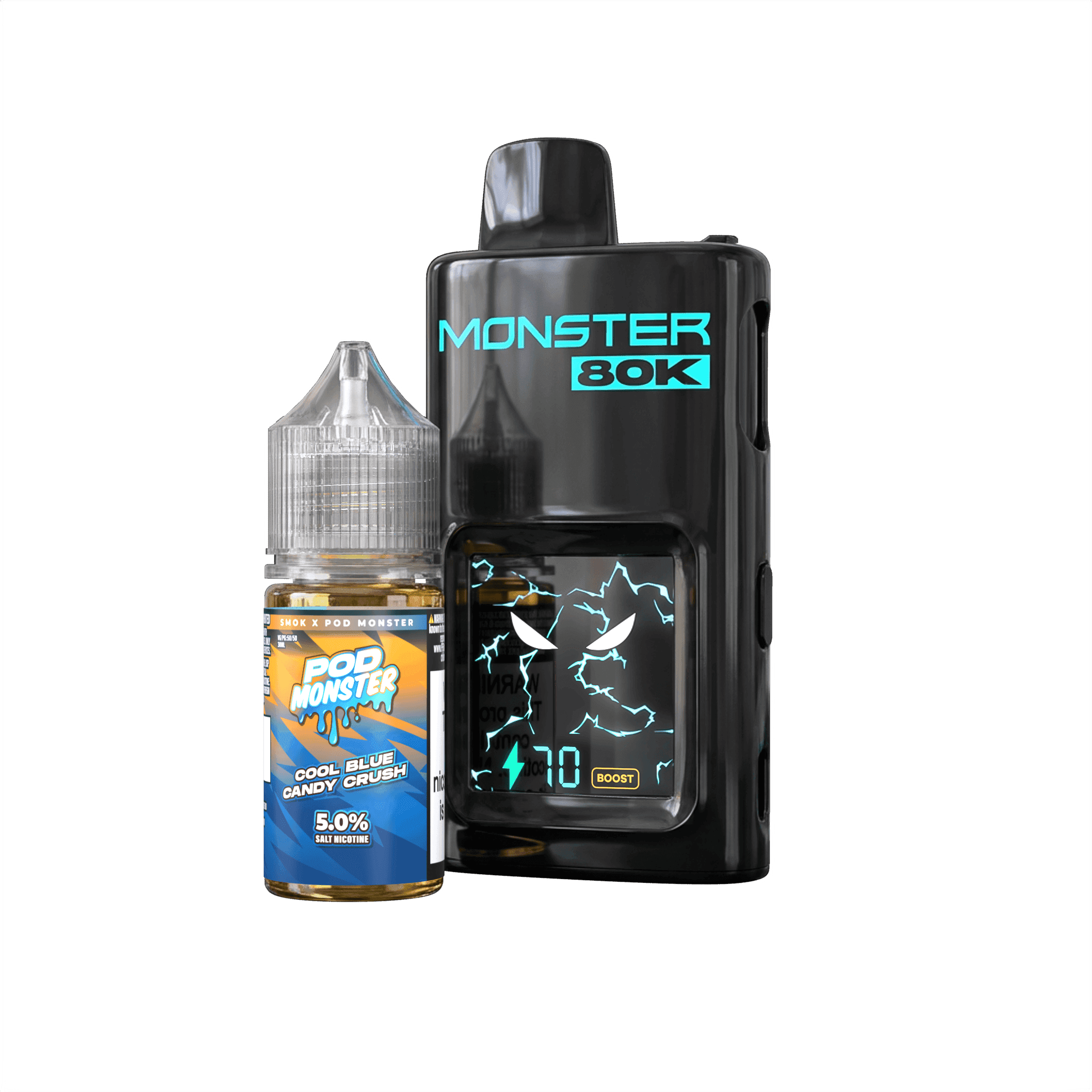 Pod Monster X Smok 80K refillable disposable vape device with sleek design and ergonomic shape for easy handheld use.