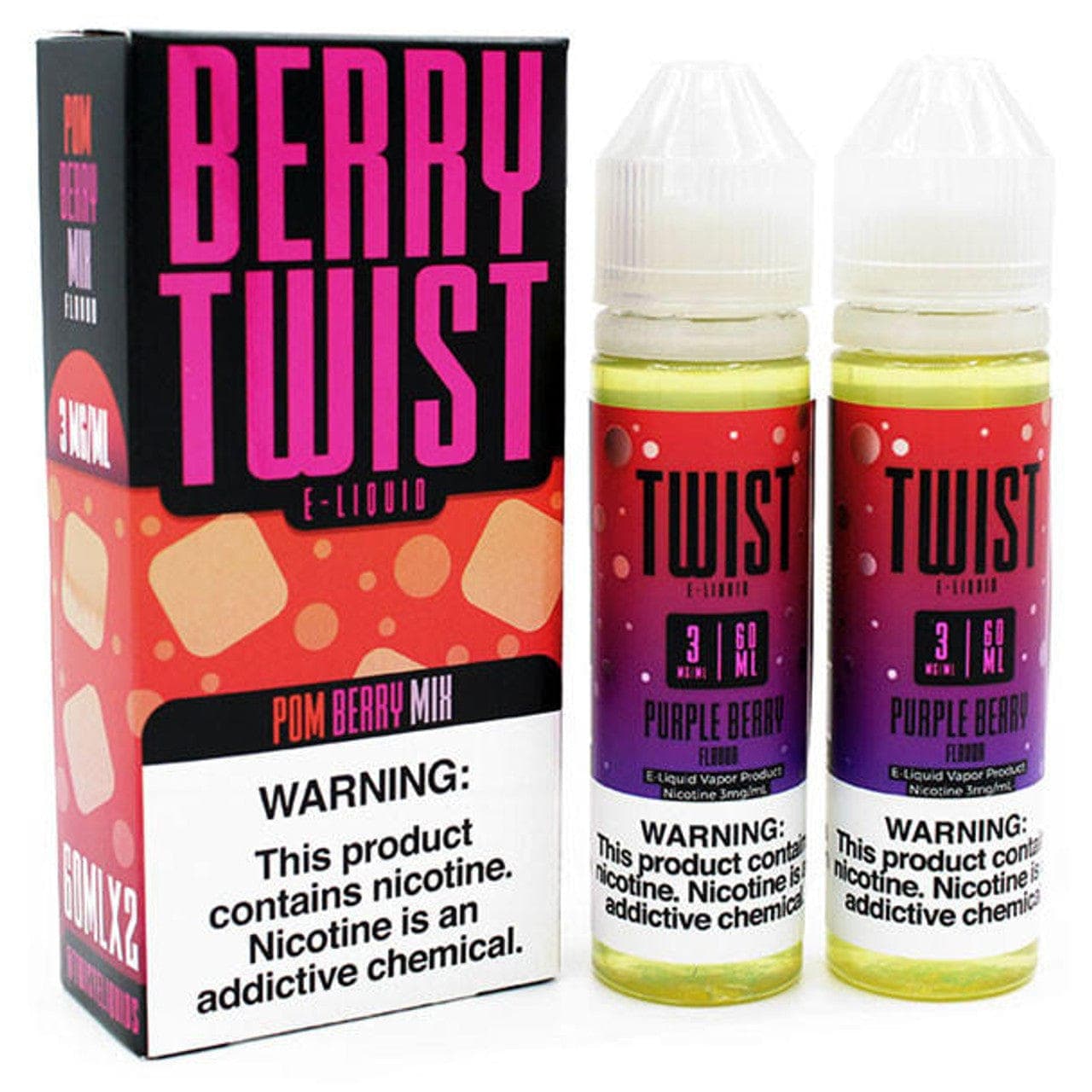 Bottle of Twist E-liquids Pom Berry Mix and Ruby Berry flavor e-liquid in a 120mL bottle with colorful label.