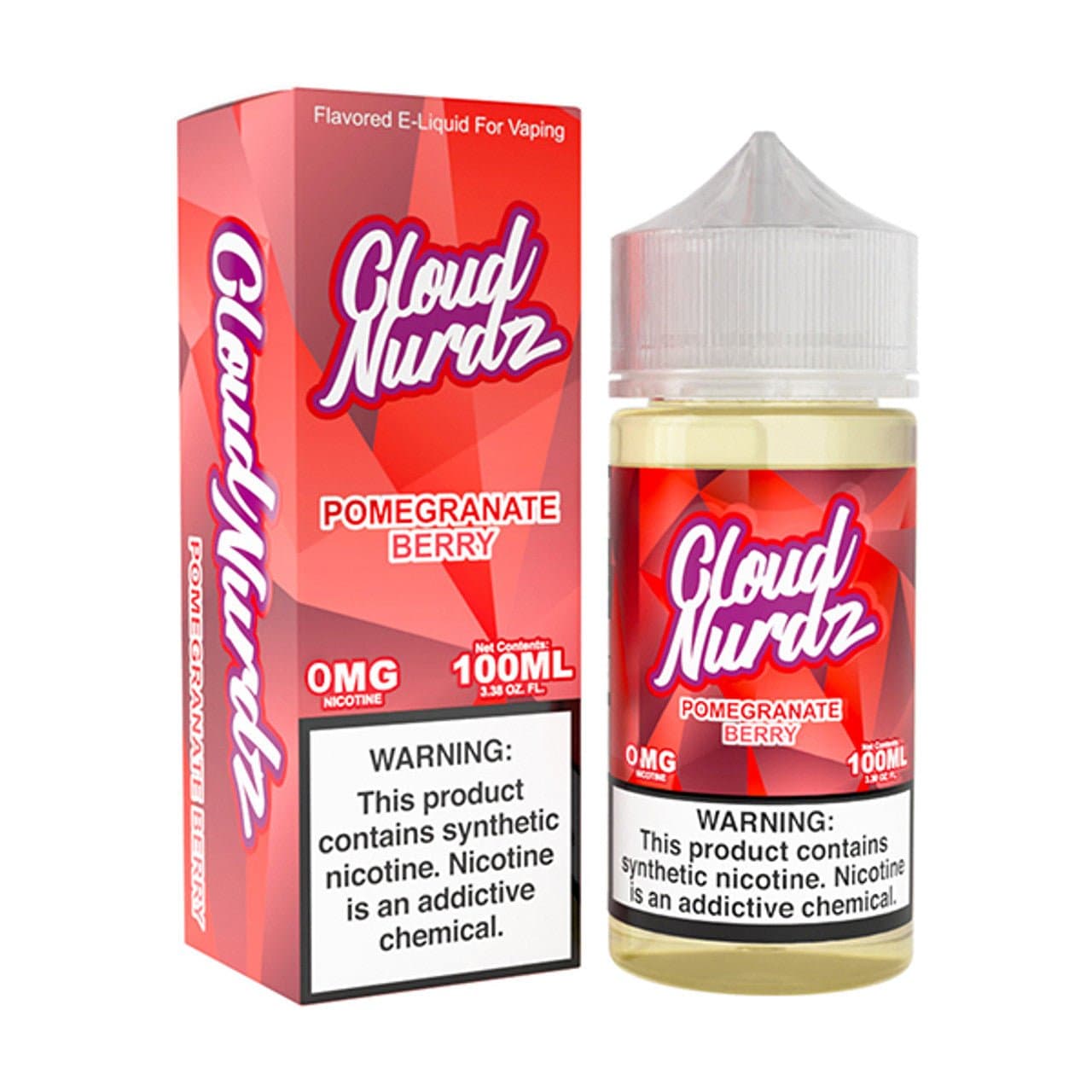Cloud Nurdz Pomegranate Berry e-liquid 100mL bottle with vibrant label featuring pomegranate and berry illustrations.