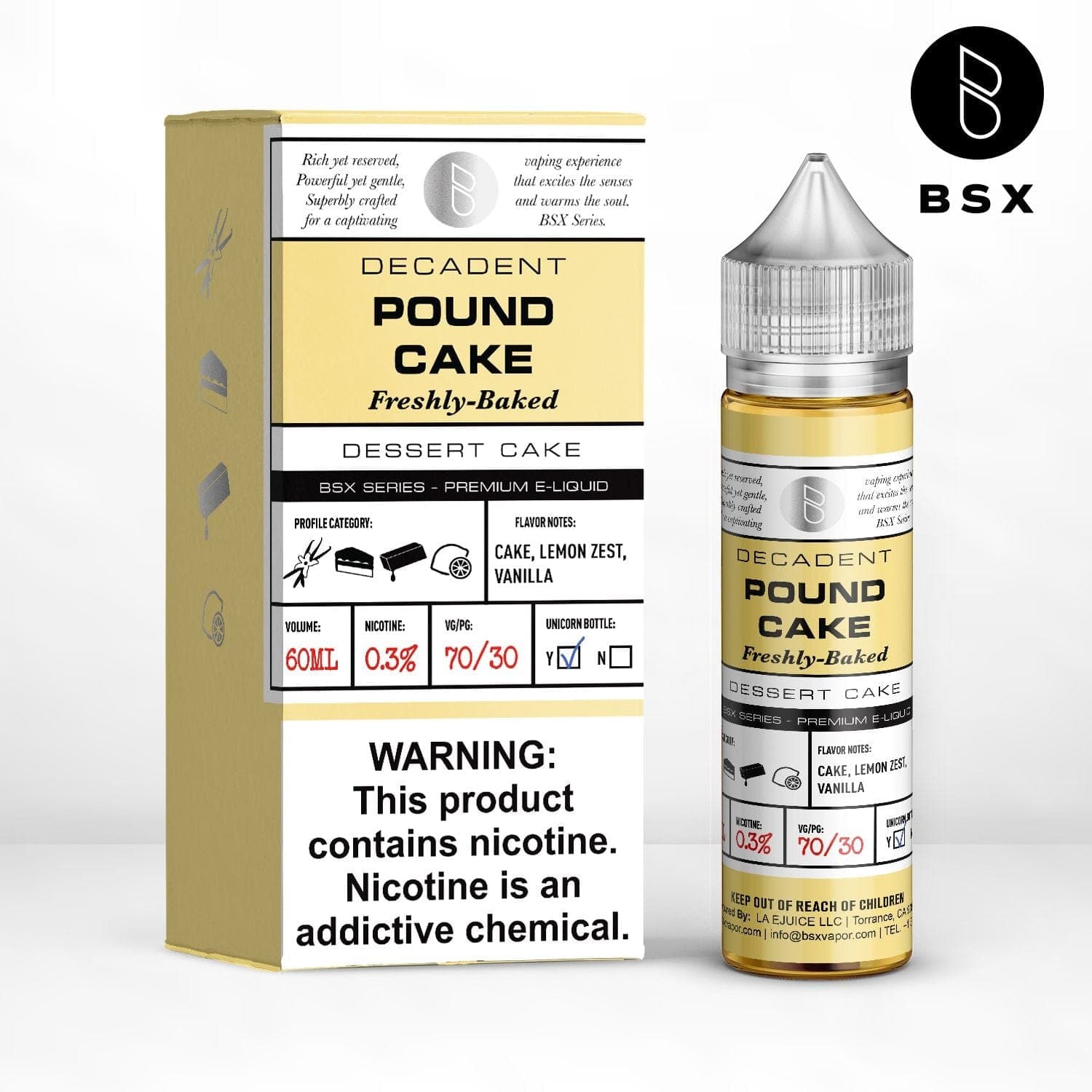 BSX Vapor Pound Cake e-liquid bottle, 60mL size, with label featuring cake imagery and branding on clear plastic bottle.