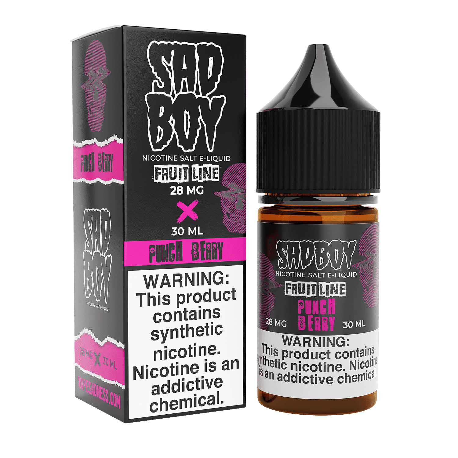 Sadboy Punch Berry SALT e-liquid bottle, 30mL, with vibrant berry and punch flavor, featuring colorful label and dropper cap.